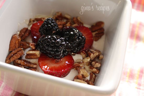 When I need a quick, easy breakfast, this Greek Yogurt with berries, nuts and honey is my go-to!